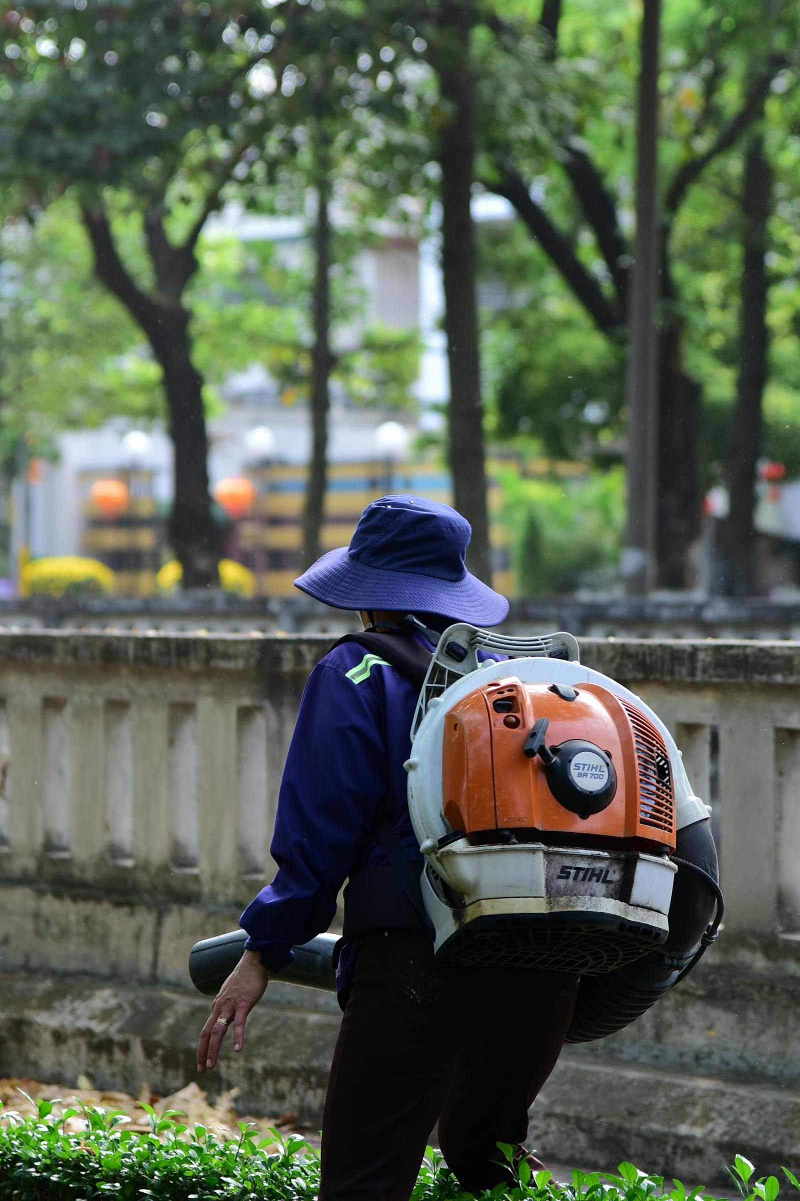 Backpack-blower clearing oak and cedar leaves from a Hill Country bed.
